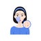 Japanese, Korean, Chinese Woman Wears Medical Mask on Face. Asian Lady and Problem Skin. Acne, Pimples. Flat color Cartoon style.