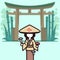 Japanese lady hold mushroom red gateway vector design illustration