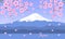 Japanese landscape with blooming sakura flowers branches and mountain Fuji