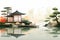 Japanese landscape with traditional garden, lake and wooden house. Generative ai