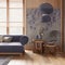 Japanese living room with wallpaper and wooden walls in purple and beige tones. Parquet floor, fabric sofa, carpets and decors.