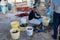 Japanese Lobster fishermen sorting their catch