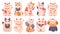 Japanese lucky cats. Cartoon maneki neko toy in traditional clothes, holding fish, bells and gold coin. Asian waving