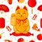 Japanese maneki neko banner. Good luck japan traditional cat, cute kawaii lucky maneki neko cartoon vector illustration