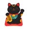 Japanese Maneki Neko, Japanese Traditional Black Lucky Cat Doll Cartoon Style Vector Illustration