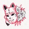 Japanese mask fox with flowers. Isolated vector art. Print on poster, card, sticker.