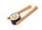 Japanese meal. Chopsticks holding sushi roll with salmon and avocado isolated on white background. Concept of susi