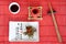 Japanese meals on red mat