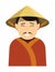 Japanese merchant with small black mustache in national straw hat. Ancient man in festive traditional dress. Cartoon character.