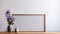 Japanese Minimalism: Blank Frame, Vase, And Purple Plants