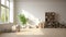 Japanese Minimalism: Serene Empty Room With Bookshelves And Plant
