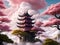 Japanese monastery on top of a mountain surrounded by pink flowering trees