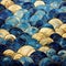 Japanese Mosaic Tile Floor: Blue Shades And Gold Waves
