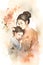 Japanese mother with daughter and flowers around, watercolor, Mother\\\'s Day, Generative AI