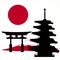 Japanese multi-store pagoda and flag