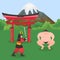 Japanese national symbols sumo wrestler, samurai, gate and mount Fuji vector illustration.