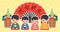 Japanese New Year`s banner illustration with cute kimono family and kadomatsu. Translation: Happy New Year