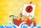 Japanese New Year\\\'s greeting card for the year of the Dragon, 2024, Seven Lucky Gods with a treasure ship, rough waves and a