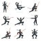 Japanese Ninja Assassin In Full Black Costume Performing Ninjitsu Martial Arts Postures With Different Weapons Set Of