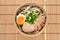 Japanese noodles, Udon with chicken and boiled egg in Miso soup