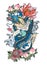 Japanese old dragon tattoo for arm.Hand drawn Dragon with peony flower,lotus,rose and chrysanthemum flower and water splash