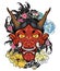 Japanese old dragon tattoo for arm.hand drawn Oni mask with cherry blossom and peony flower.Japanese demon mask on wave and sakura