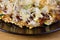 Japanese omelette Okonomiyaki, with eggs, Savoy cabbage, mayonnaise, carrot, zucchini, ginger, dried seaweed and Katsuobushi,