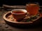 Japanese organic traditional Hojicha tea in a tea cup upclose photo. Generative AI