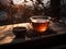 Japanese organic traditional Hojicha tea in a tea cup upclose photo. Generative AI