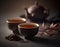 Japanese organic traditional Hojicha tea upclose photo of two tea cups with teapot in the background. Generative AI