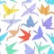 Japanese Origami paper cranes symbol of happiness, luck and longevity, sketch seamless pattern. purple blue yellow orange red brow