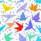 Japanese Origami white paper cranes set sketch seamless pattern, symbol of happiness, luck and longevity, green blue purple red ye