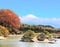 Japanese ornamental garden and sacred Mount Fuji Fujiyama, Japan