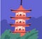 Japanese pagoda building. Asian traditional architecture. Buddhist multistory temple. Religious tiered tower in Chinese