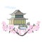 Japanese pagoda with cherry blossom branch.