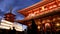 Japanese Pagoda and hozomon gate at senso-ji shrine in Tokyo after sunset.