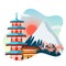 Japanese pagoda, sakura flowers on Fuji mountain background. Travel to Japan isolated vector cartoon illustration