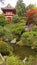 Japanese pagoda, surrounded by trees, next to waterfalls