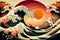 Japanese painting style of large waves with a red sun