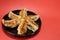 Japanese pan fried dumpling close up in the red