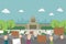Japanese parliament building and people demonstrating vector banner illustration no text