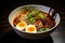 japanese ramen noodle with egg on black wooden background, Embark on a spicy ramen adventure with a steaming bowl of noodles,