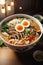 Japanese ramen noodles. Ramen soup with eggs and chopsticks. Generative AI AI generated