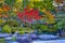 Japanese Religious Heritage. Seasonal Red Maples and Pond With Lantern on Sacred Mount Koyasan in Japan