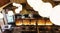 Japanese restaurant counter with chef. Shoot from second floor with lamps in foreground