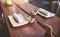 Japanese restaurant in traditional style, Empty plate on mat near chopstick bowl, Selective Focus