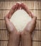 Japanese rice in your hand on Japanese mats