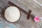 Japanese rices seeds on an old wooden background.top view,flat lay