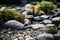 Japanese rock garden with carefully placed stones, plants and sand. Generative AI