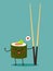 Japanese roll with chopsticks in a cartoon style kawaii. Vector isolate on turquoise background